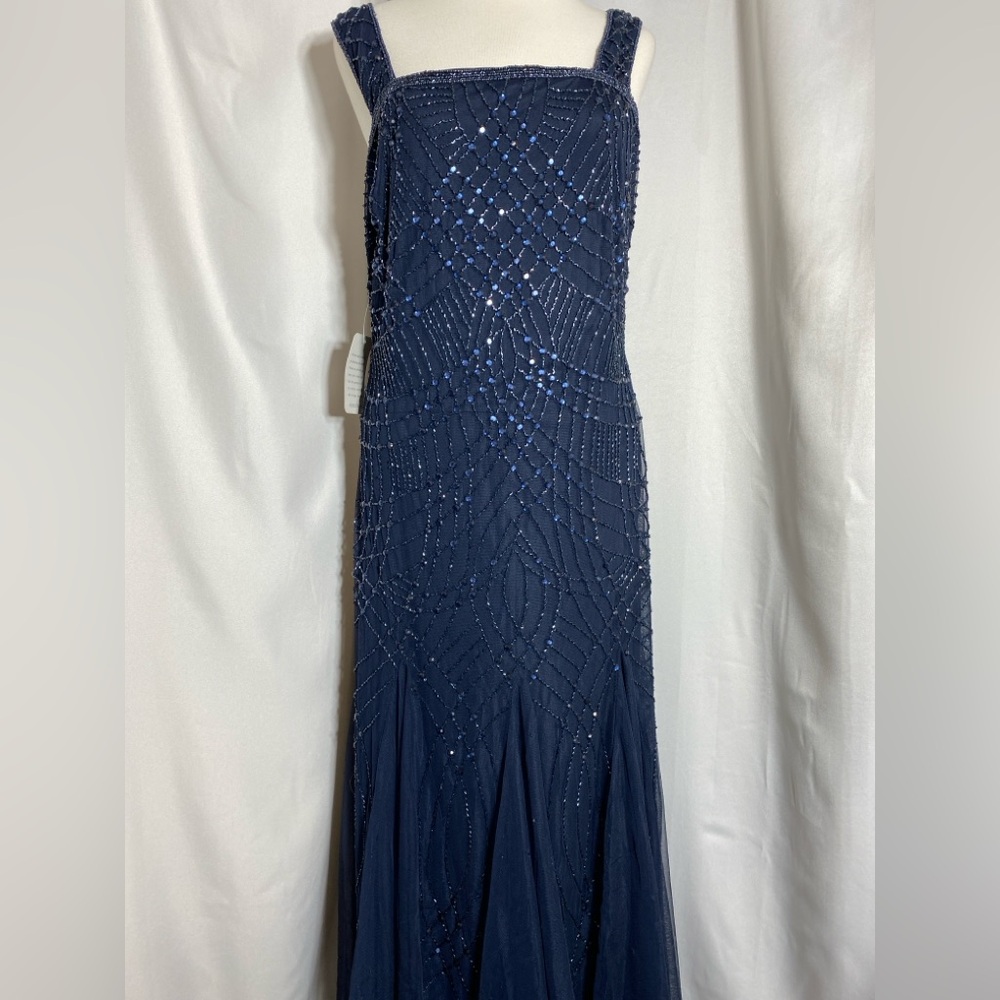 Pisarro Nights Navy Blue Beaded Maxi Dress Size 10 NWOT